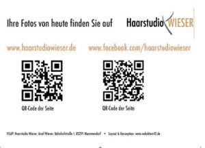 Postkarte mit Facebook und Webadresse und QR-Code.