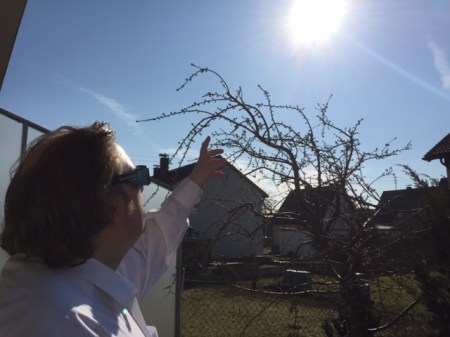 Ich genoss die Sonnenfinsternis im Garten.