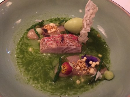 Bernsteinmakrele mit Kräuter, Miso und Apfelsorbet