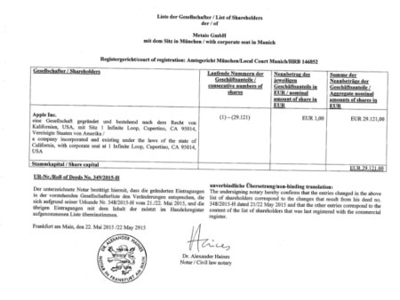 Auszug aus dem Handelsregister, der zeigen soll, dass Apple Metaio gekauft hat.