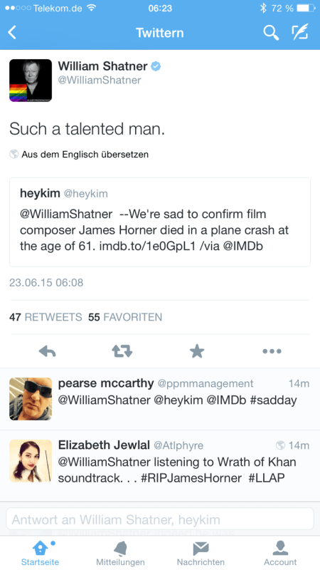Um 6:22 Uhr erfuhr ich vom Tode Horner via Twitter durch William Shatner.