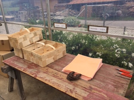 Am Eingang des erstes Gewächshauses liegen Körbchen und Papiertaschen für die Ernte bereit. Gartenscheren gibt es zum Ausleihen.