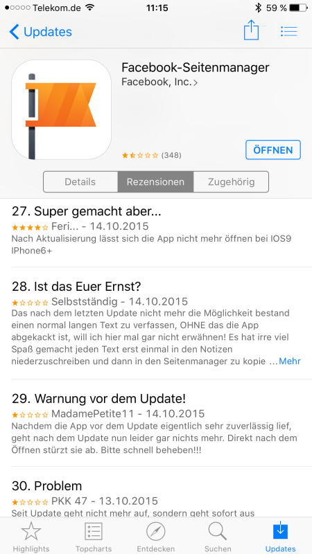 Vernichtende Kommentare nach dem Update.