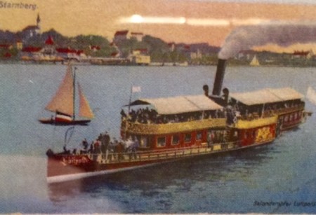 Salondampfer Luitpold auf dem Starnbeger See. Die Reling ist heute im Allgäu im Hotel Prinz Luitpold Bad.