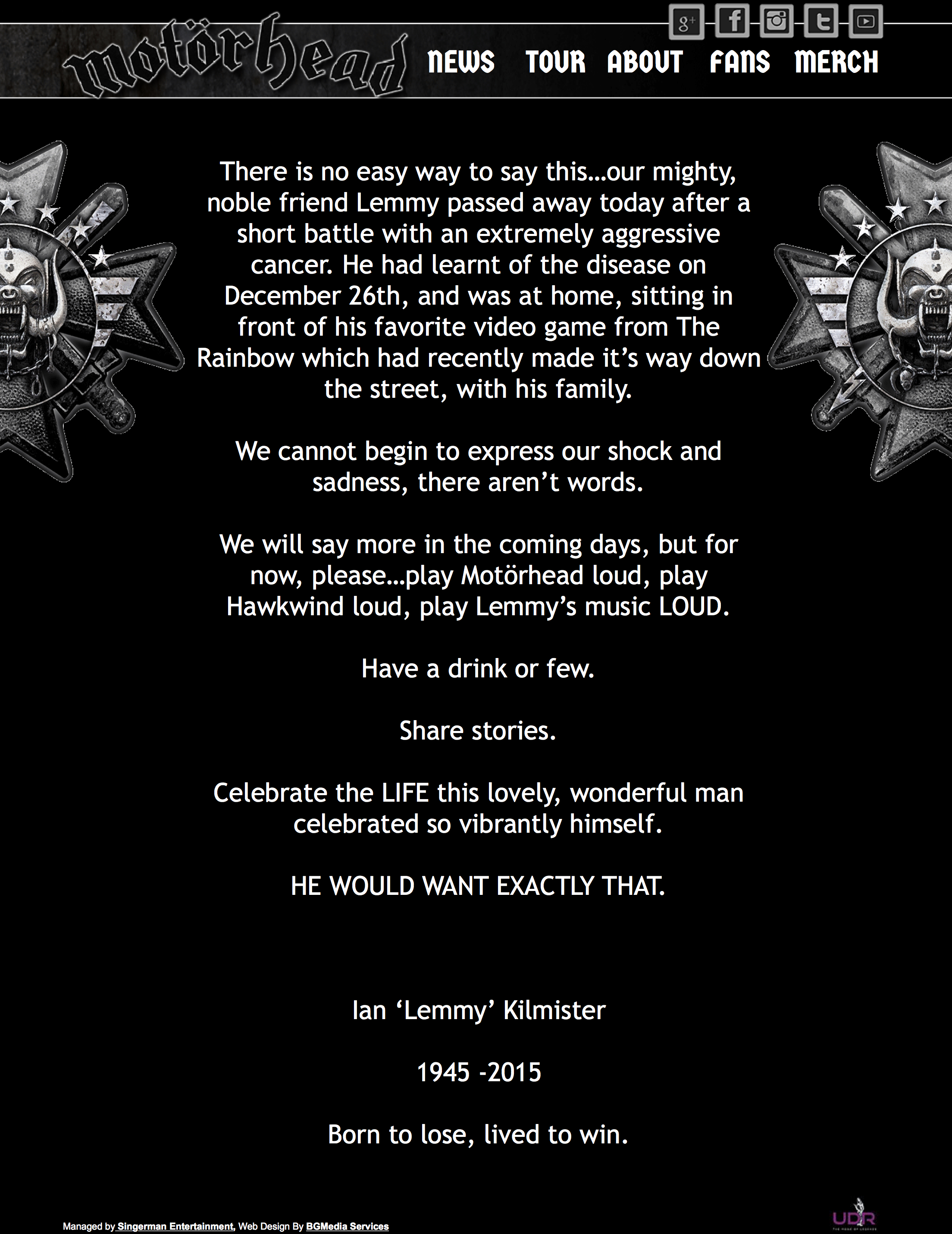 Die Nachricht von Lemmy Tod auf der offiziellen Website. Hört seine Musik laut.