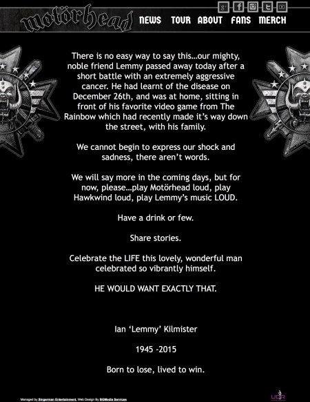 Die Nachricht von Lemmy Tod auf der offiziellen Website. Hört seine Musik laut.