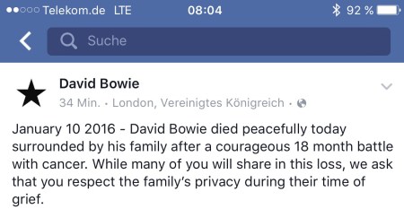 Die Todesmeldung von David Bowie auf der Facebookseite.
