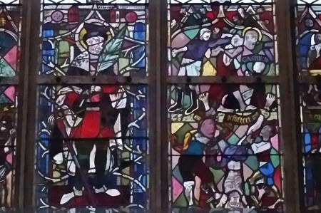 Hitler, Göring und Goebbels auf einem Kirchenfenster in Landshut.