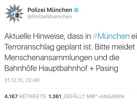 Die erste Terror-Warnung der Münchner Polizei über Twitter.