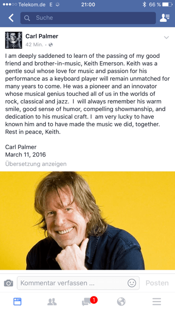 Der Nachruf via Facebook von Carl Palmer über Keith Emserson.