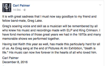 Gedanken von Carl Palmer zum Tode seines Freundes.