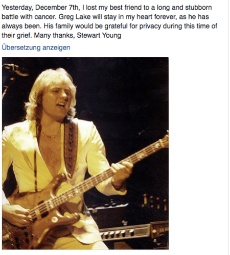 Die Todesmeldung von Greg Lake in Facebook.