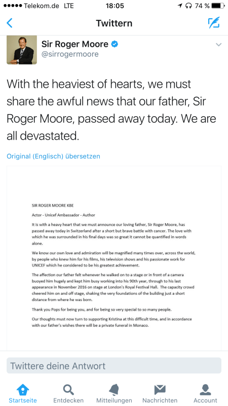 Über Twitter erfuhr ich vom Tod von Roger Moore.
