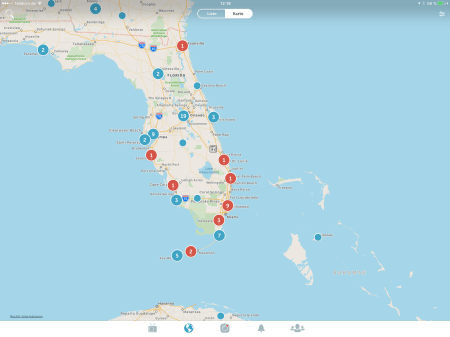 Karte von Florida mit roten aktiven Periscope-Sendern.