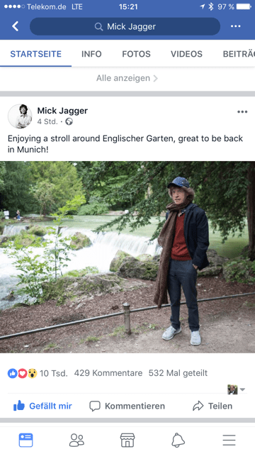 Mick Jagger flaniert durch den englischen Garten in München.