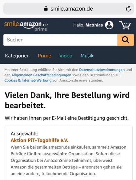 Bei Amazon einkaufen und einer Hilfsorganisation wie der Togihilfe etwas Gutes tun.